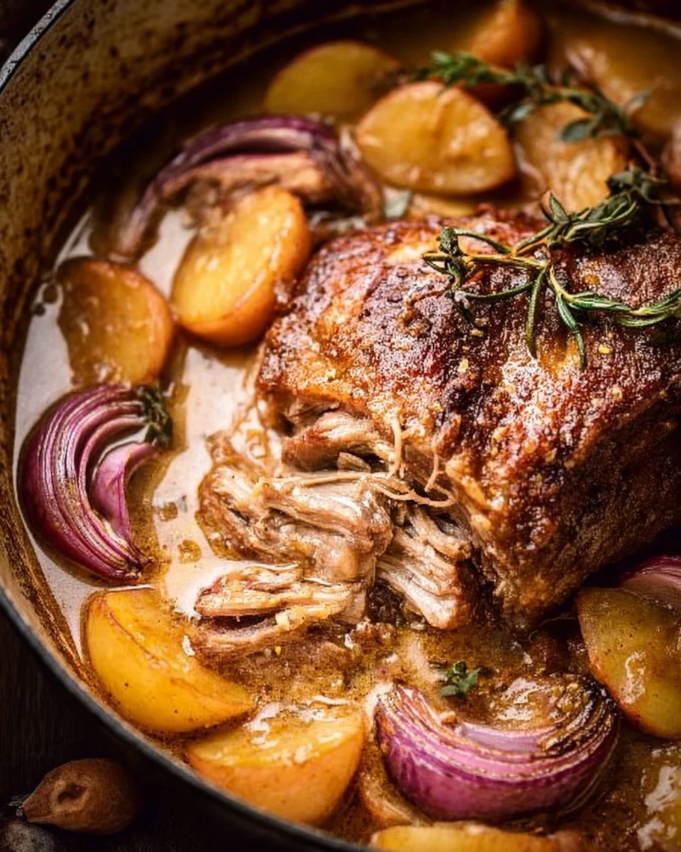 Apple cider braised pork shoulder dish garnished and ready to serve