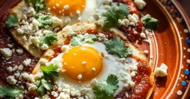 Plate of authentic ranch style eggs with vegetables and spices