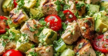 Delicious avocado chicken salad served in a bowl with fresh ingredients