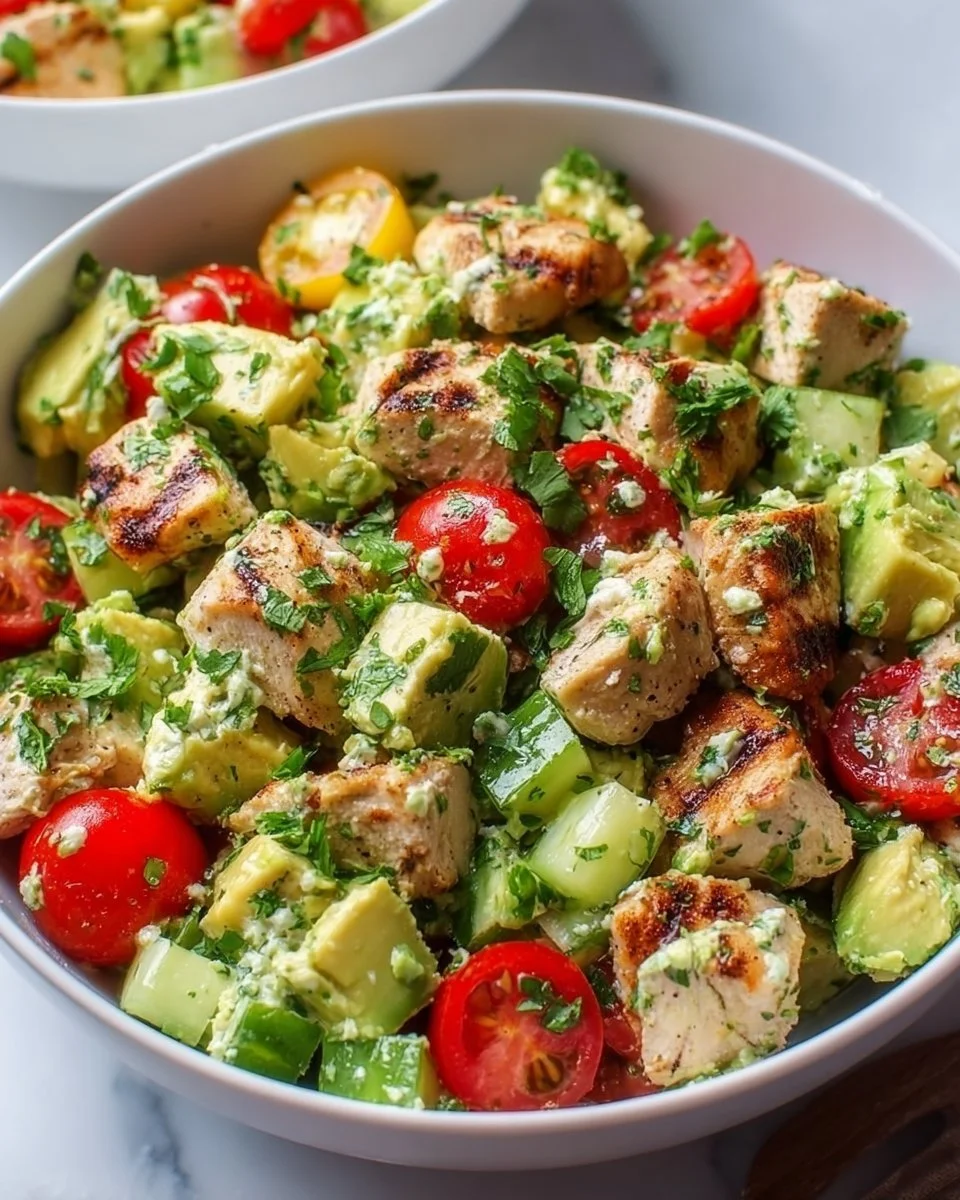 Delicious avocado chicken salad served in a bowl with fresh ingredients