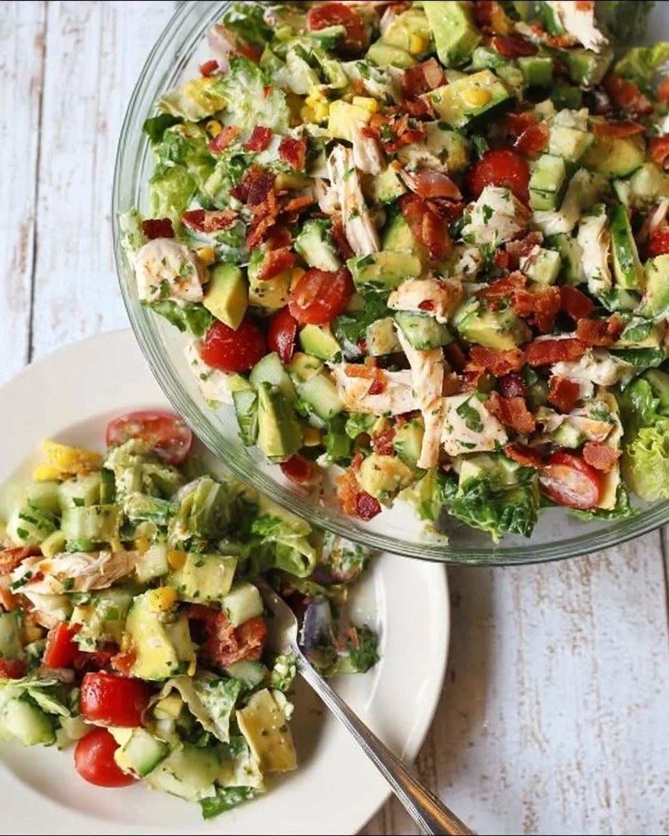 Bacon Avocado Chicken Salad topped with Lemon Vinaigrette on a plate