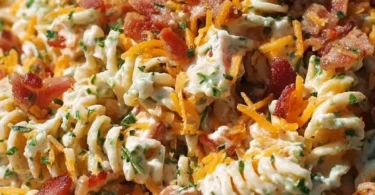 Delicious bacon ranch pasta salad in a bowl with fresh ingredients.