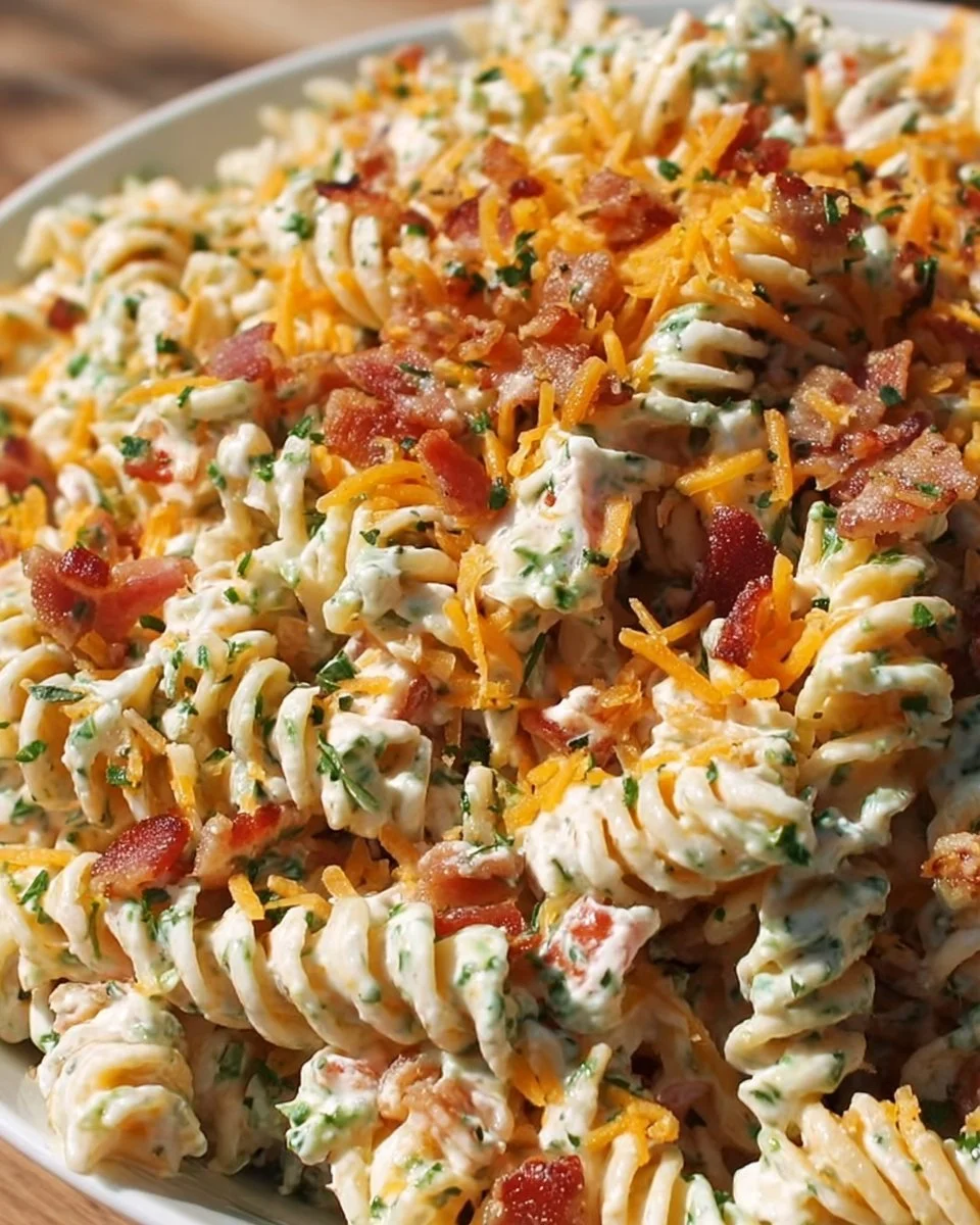 Delicious bacon ranch pasta salad in a bowl with fresh ingredients.