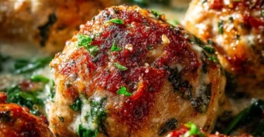 Baked chicken ricotta meatballs served with marinara sauce and herbs