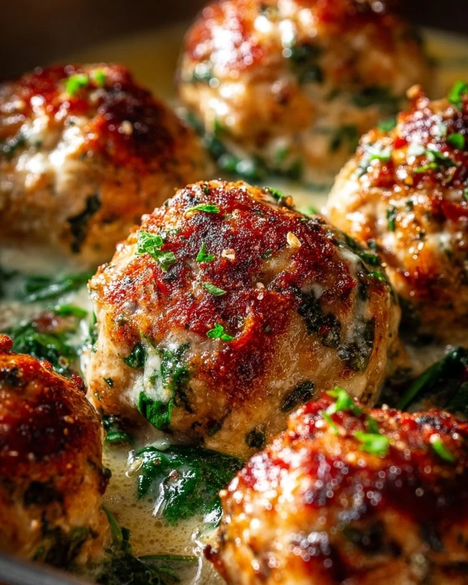 Baked chicken ricotta meatballs served with marinara sauce and herbs