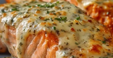 Baked salmon topped with creamy mayo and cheese, ready to serve.