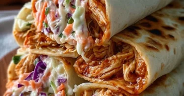 BBQ chicken coleslaw wraps on a plate, garnished with herbs.