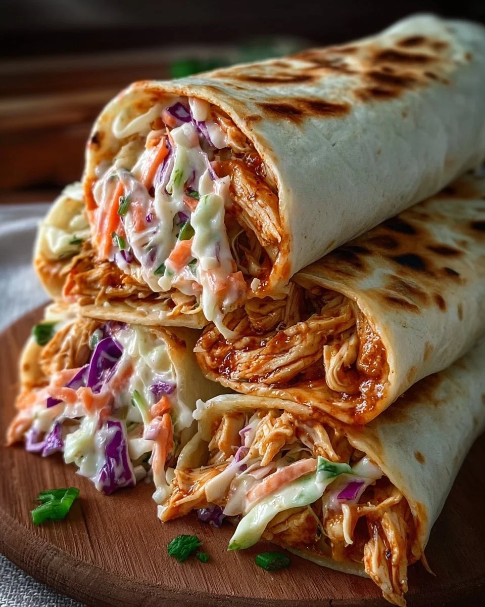 BBQ chicken coleslaw wraps on a plate, garnished with herbs.
