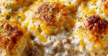 Delicious Biscuits and Gravy Casserole served in a baking dish