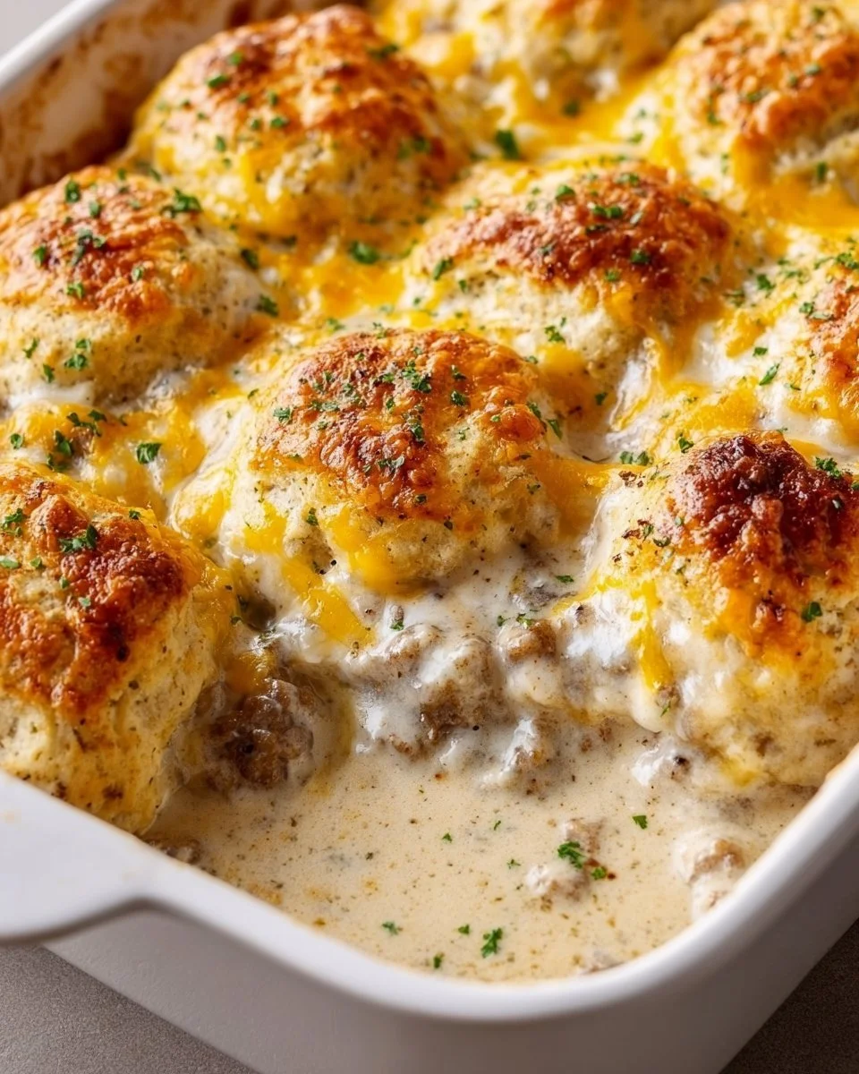 Delicious Biscuits and Gravy Casserole served in a baking dish