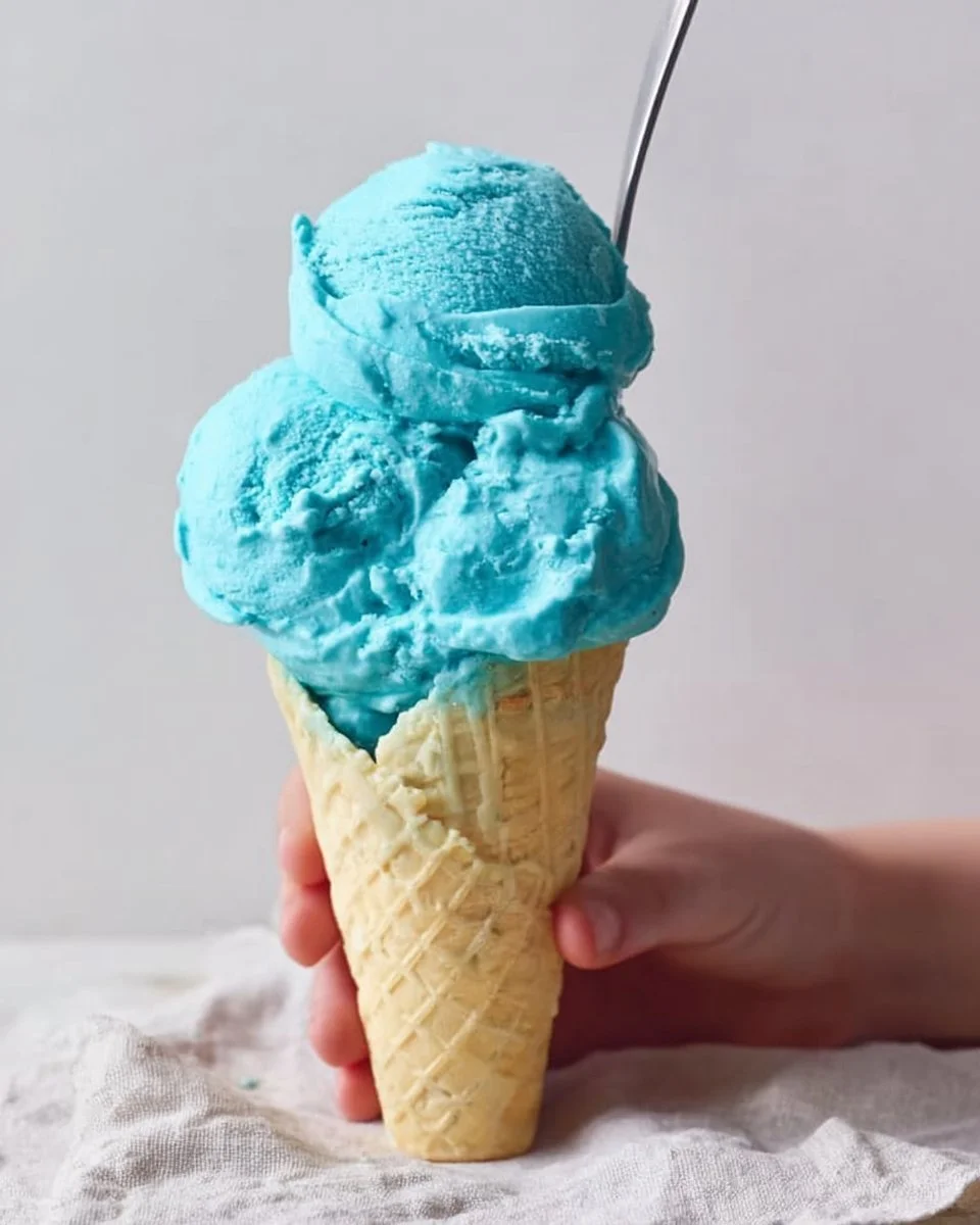 Scoop of Blue Moon Ice Cream in a colorful cone