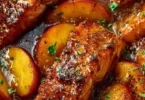 Bourbon Peach Roasted Salmon plated with fresh herbs and peach slices.