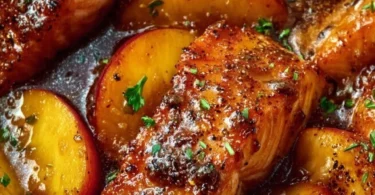 Bourbon Peach Roasted Salmon plated with fresh herbs and peach slices.