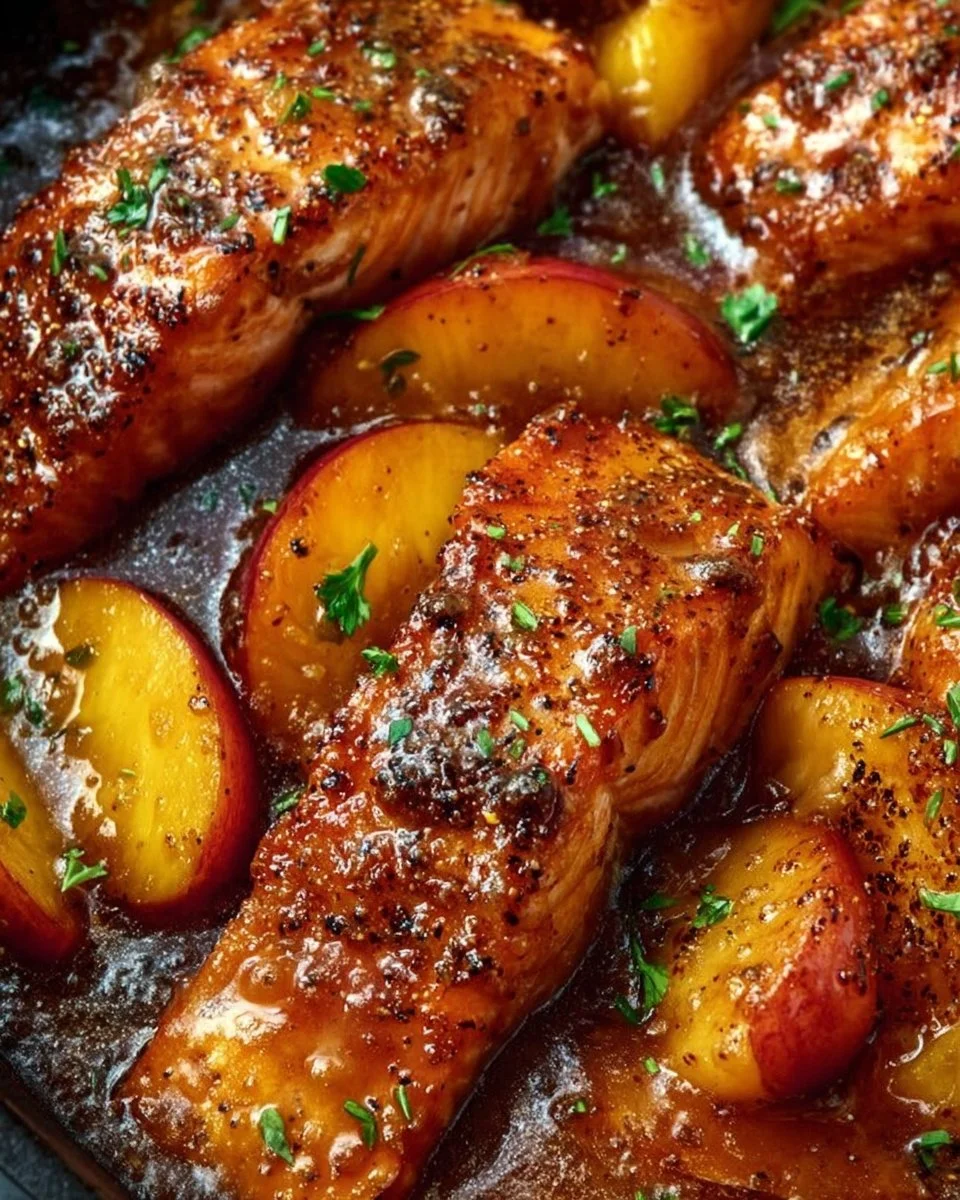 Bourbon Peach Roasted Salmon plated with fresh herbs and peach slices.