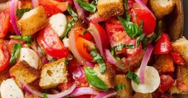 Delicious Bread Salad (Panzanella) with tomatoes, cucumbers, and crusty bread