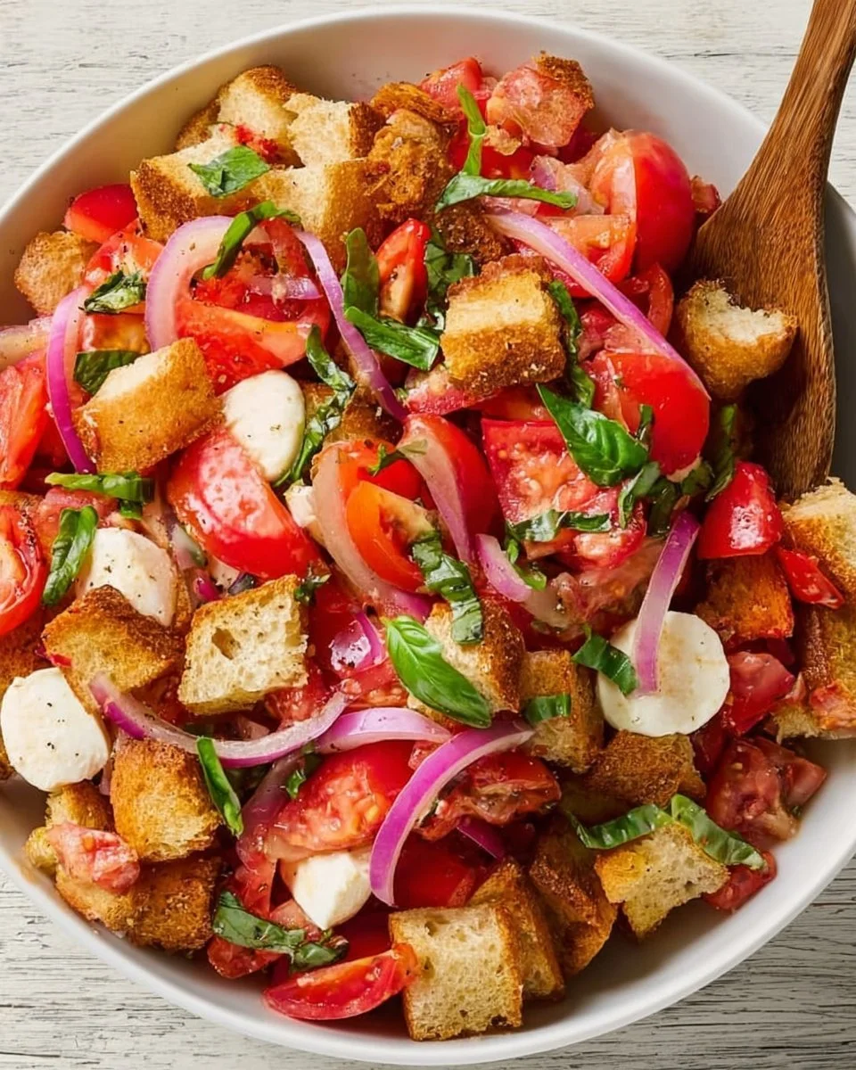 Delicious Bread Salad (Panzanella) with tomatoes, cucumbers, and crusty bread