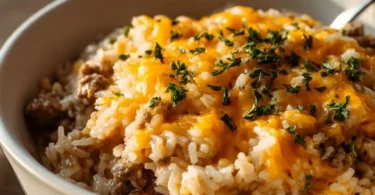 Cheesy ground beef and rice casserole served in a baking dish