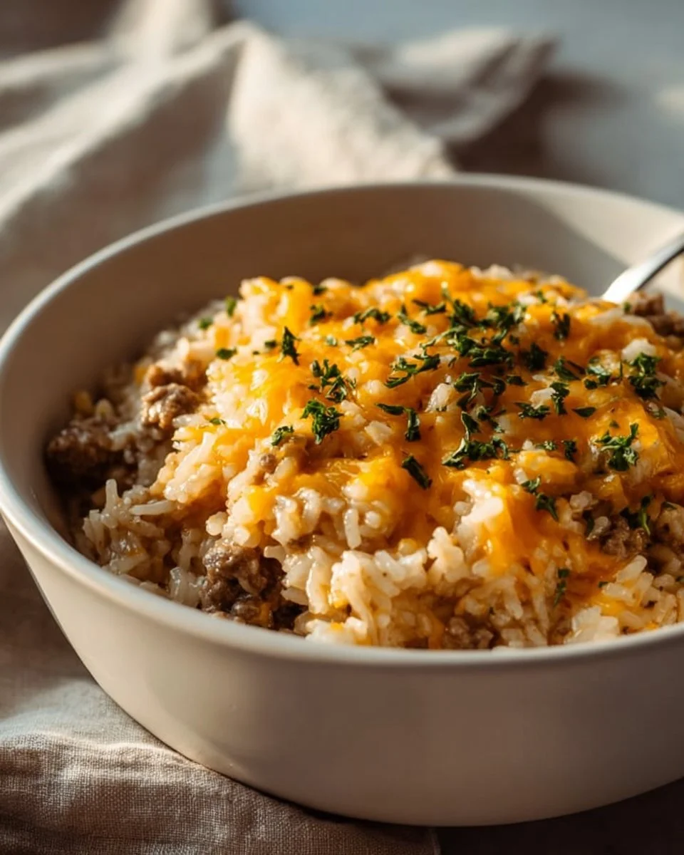 Cheesy ground beef and rice casserole served in a baking dish