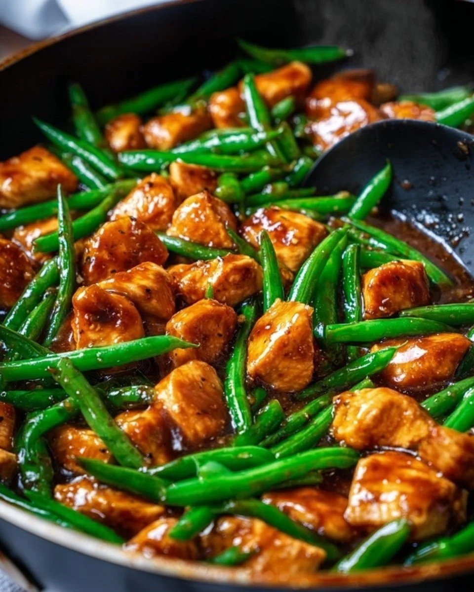 Juicy chicken breast served with fresh green beans on a plate