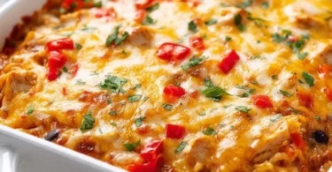 Delicious chicken fajita casserole topped with colorful bell peppers and cheese