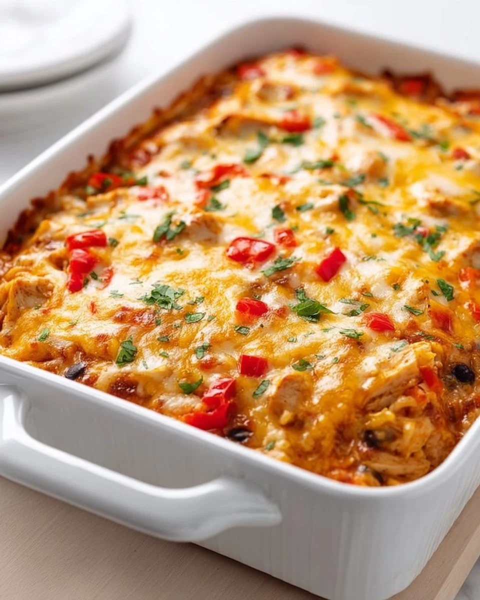 Delicious chicken fajita casserole topped with colorful bell peppers and cheese