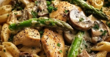 Plate of Chicken Penne with Mushroom and Asparagus garnished with herbs