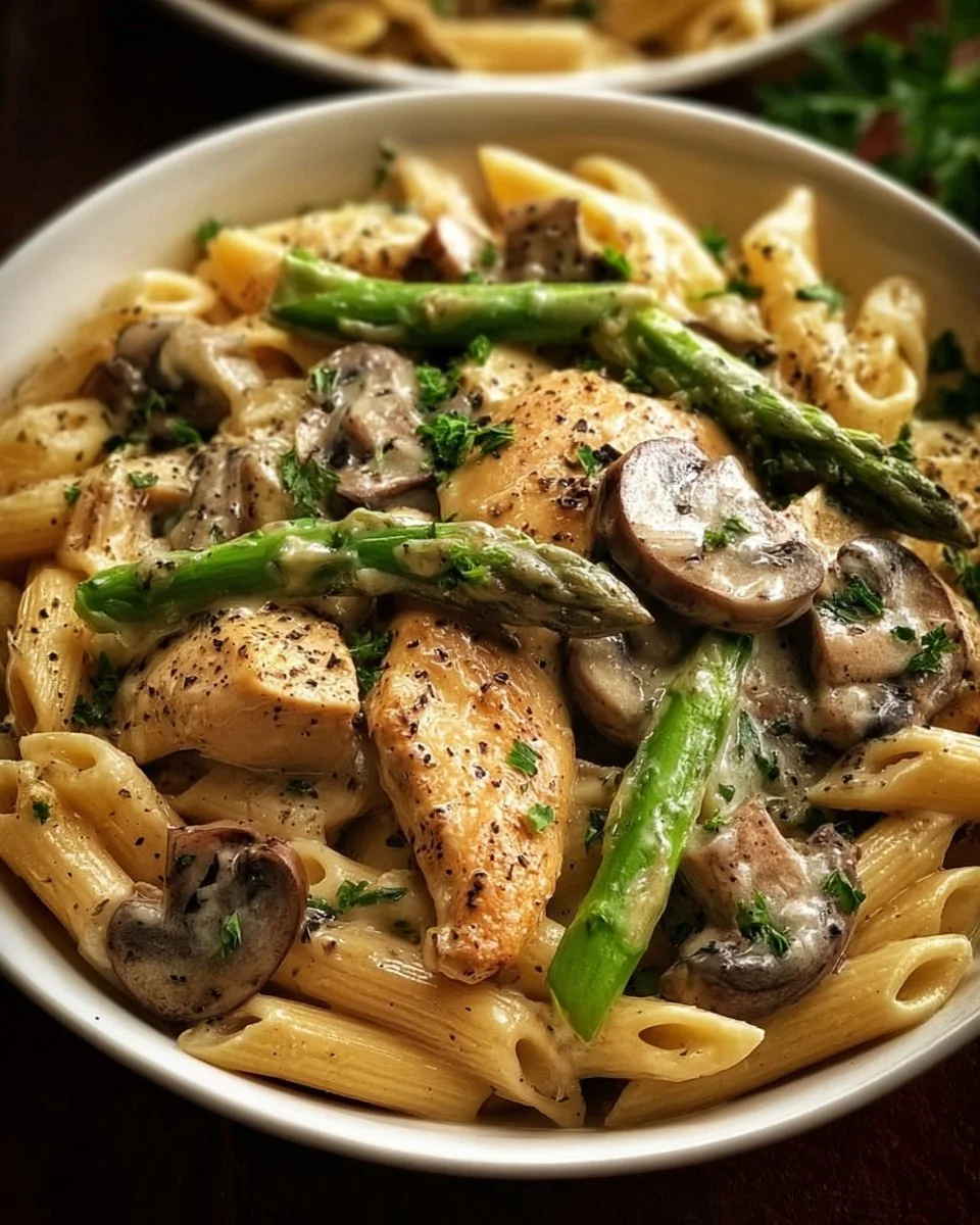 Plate of Chicken Penne with Mushroom and Asparagus garnished with herbs