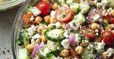 Colorful chickpea salad with fresh vegetables and herbs, served in a bowl