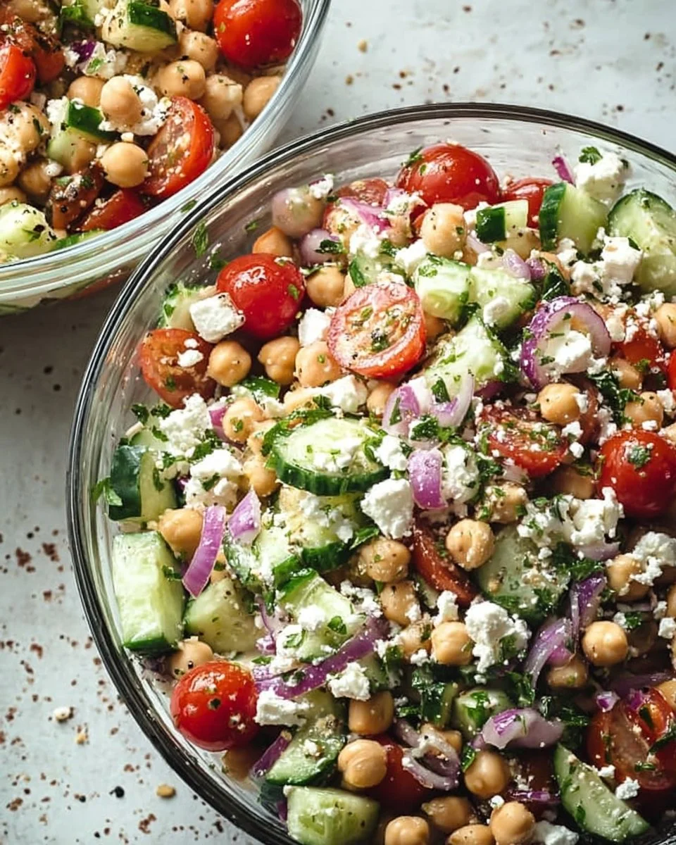 Colorful chickpea salad with fresh vegetables and herbs, served in a bowl