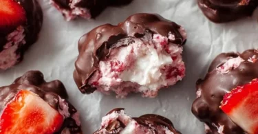 Chocolate strawberry yogurt clusters on a wooden table.