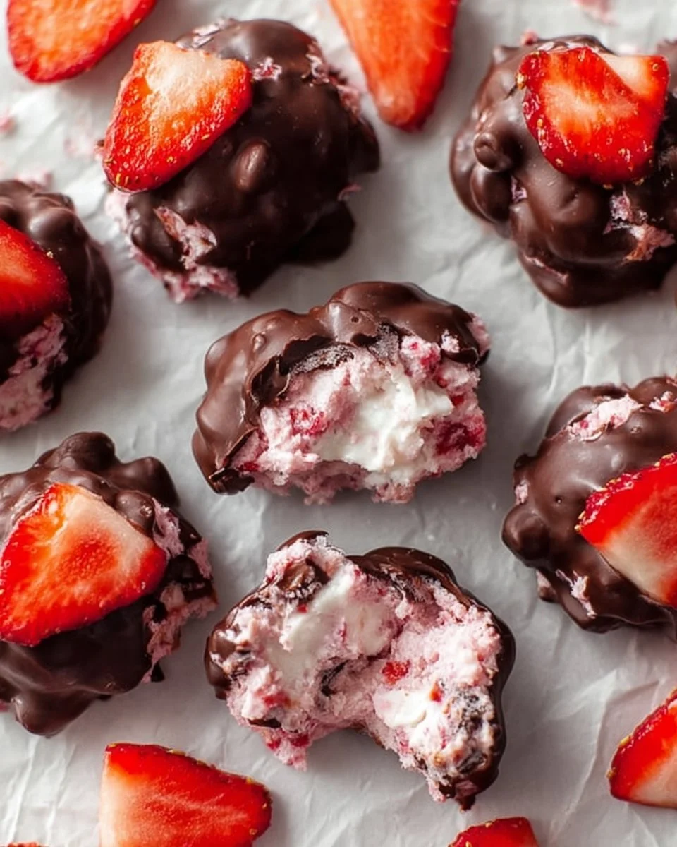 Chocolate strawberry yogurt clusters on a wooden table.