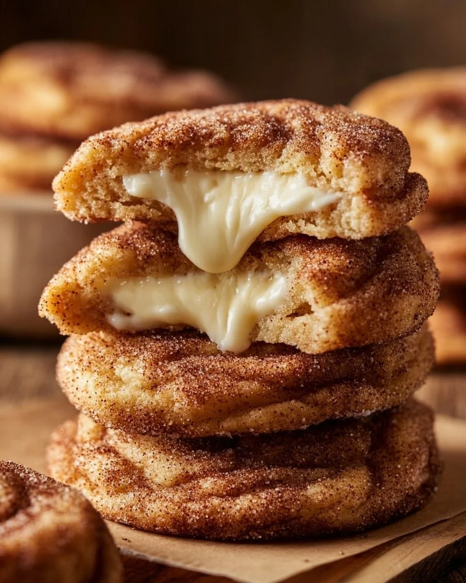Churro Cheesecake Cookies topped with cinnamon sugar and creamy cheesecake filling