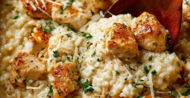 Plate of garlic parmesan chicken served with rice and garnished with parsley