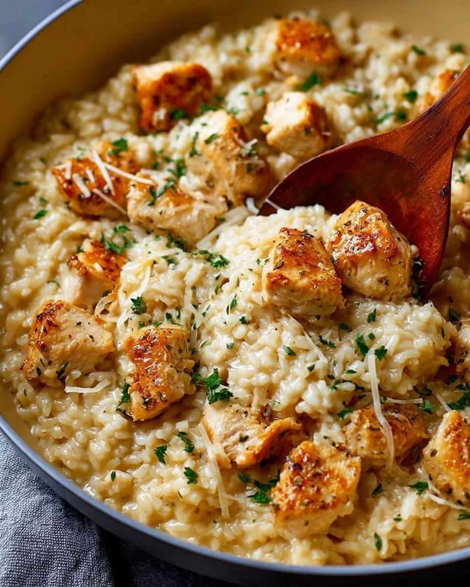Plate of garlic parmesan chicken served with rice and garnished with parsley