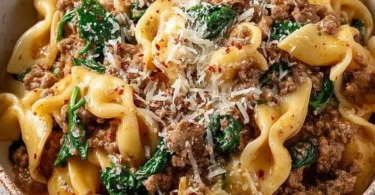 Delicious bowl of Crockpot Ground Beef Pasta served with cheese and herbs
