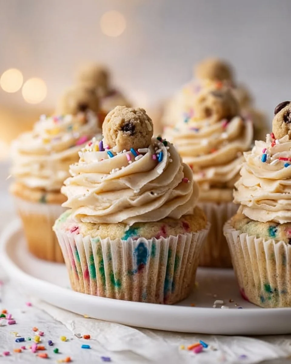 Delicious Cookie Dough Cupcakes with chocolate icing and cookie dough toppings
