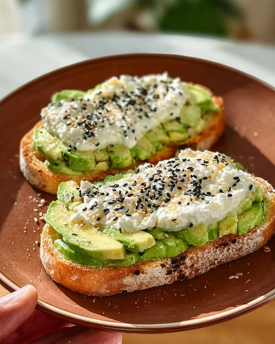 Delicious cottage cheese avocado toast topped with herbs and seeds.