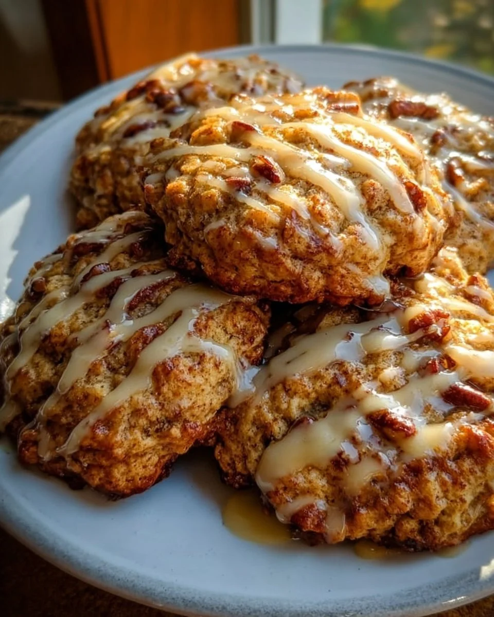 Cottage cheese cinnamon roll breakfast cookies on a plate, warm and inviting