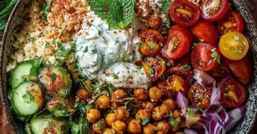 Couscous salad with roasted chickpeas and herbed yogurt in a Mediterranean bowl