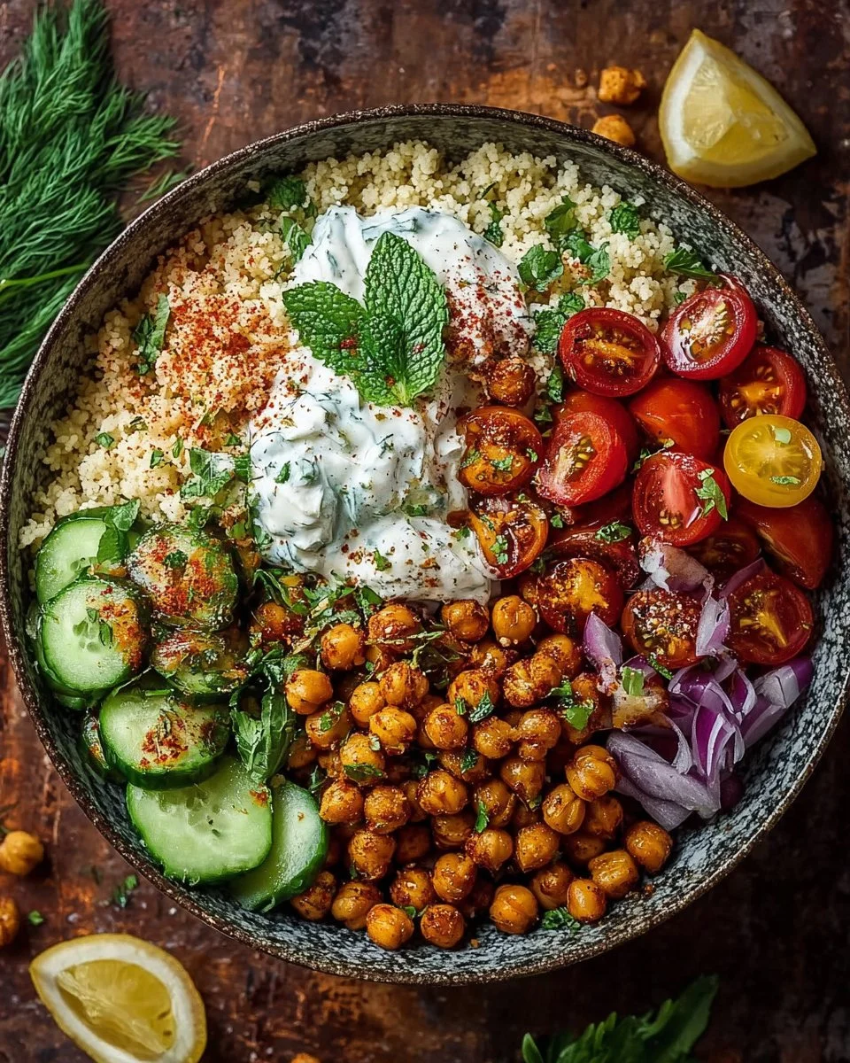 Couscous salad with roasted chickpeas and herbed yogurt in a Mediterranean bowl