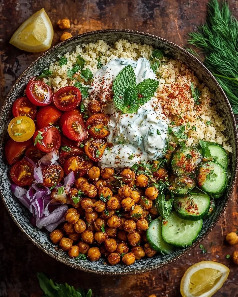 Couscous Salad with Roasted Chickpeas & Herbed Yogurt – Fresh, Healthy Mediterranean Bowl
