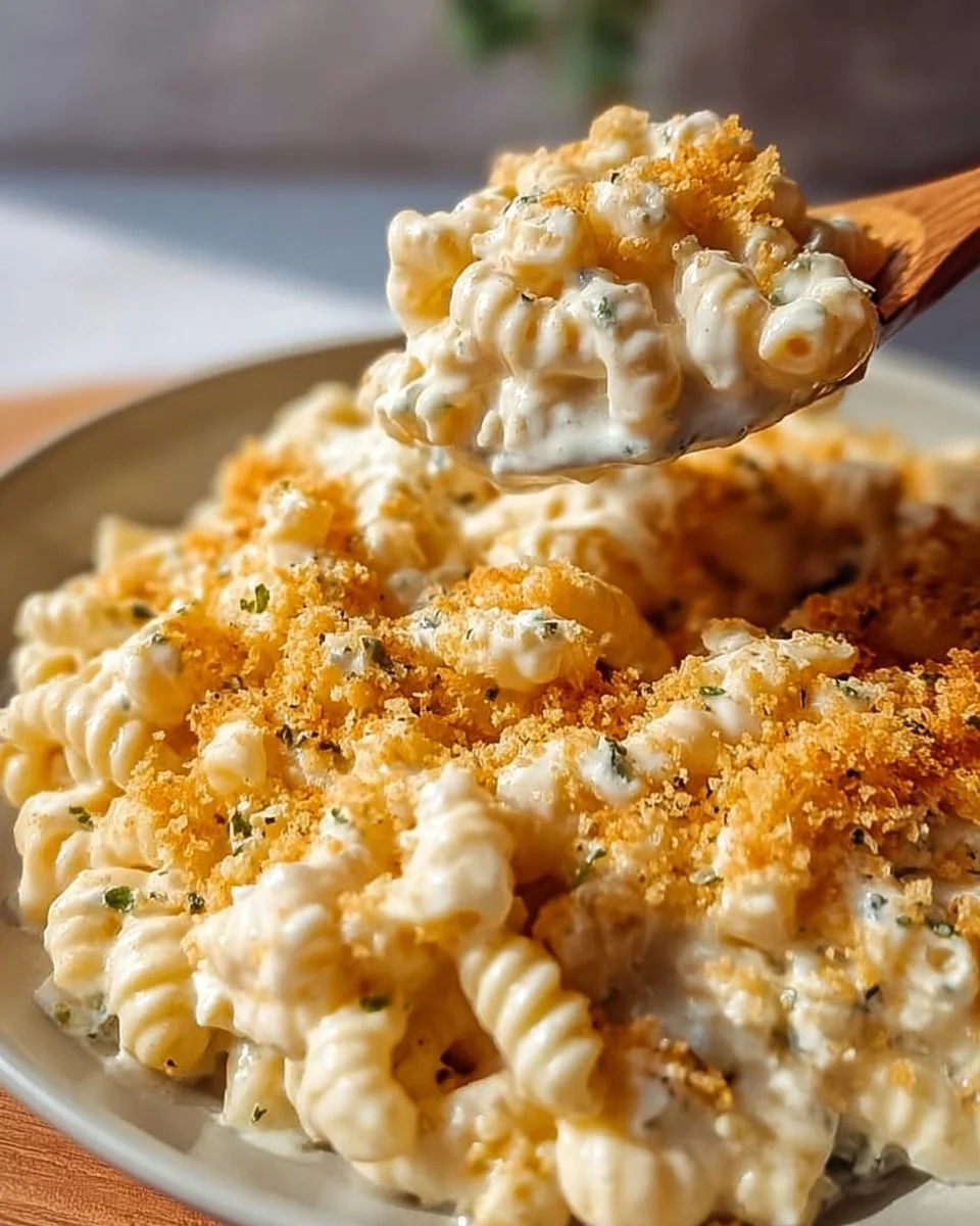 Bowl of creamy Boursin Mac and Cheese topped with herbs and cheese