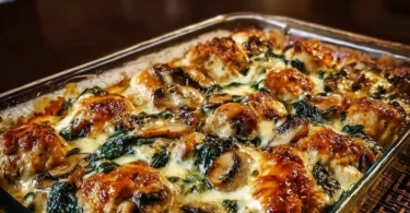 Creamy low carb chicken spinach and mushroom bake served in a dish