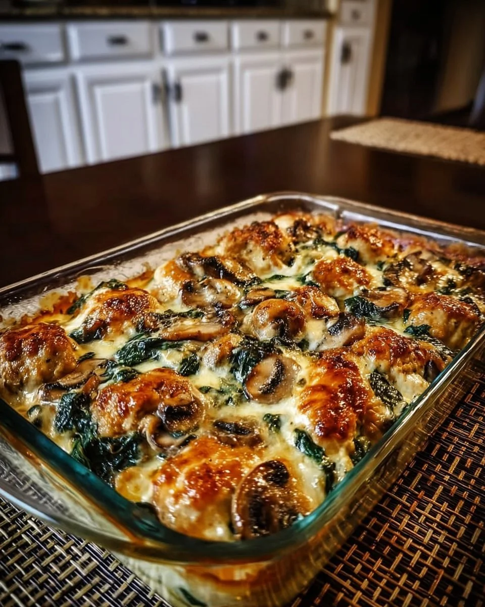 Creamy low carb chicken spinach and mushroom bake served in a dish