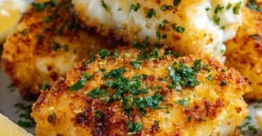 Crispy air fryer parmesan cod fillet served on a plate with lemon wedges
