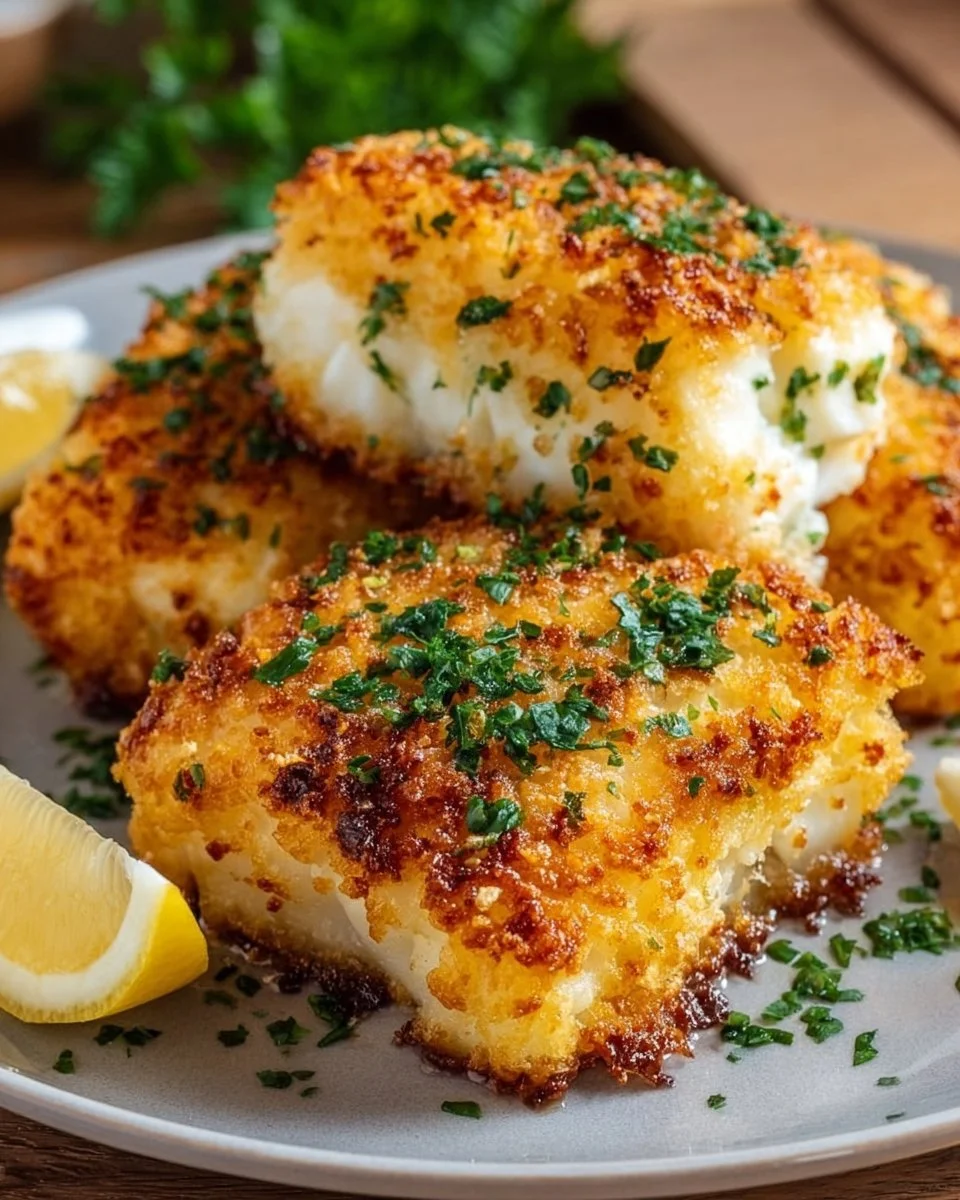 Crispy air fryer parmesan cod fillet served on a plate with lemon wedges