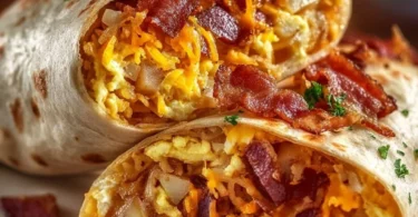 Crispy bacon egg and cheese burrito with flavorful potatoes