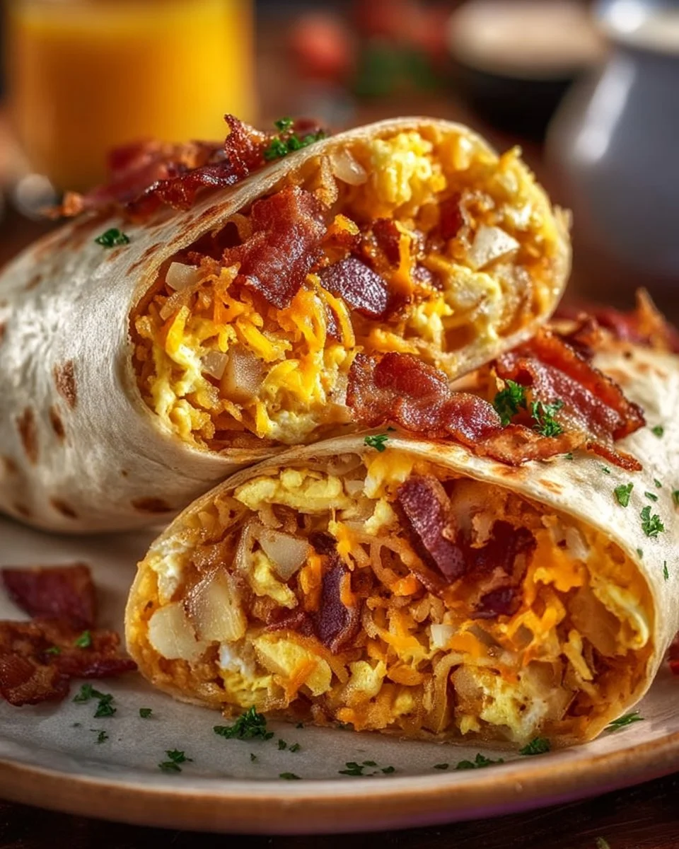 Crispy bacon egg and cheese burrito with flavorful potatoes