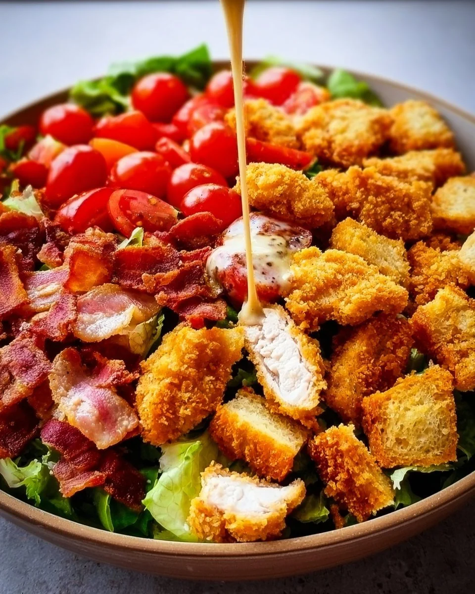 Crispy Chicken BLT Salad with fresh lettuce, tomatoes, bacon, and crispy chicken