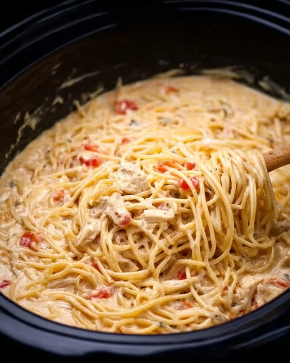 Crock Pot Cheesy Chicken Spaghetti served in a bowl with melted cheese on top